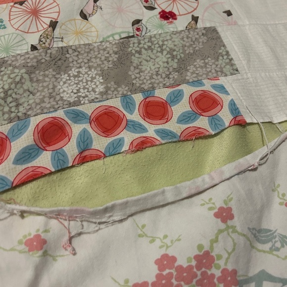 GUC Modern handmade quilt in corals, pinks and greens. Nursery. Needs TLC repair - Picture 2 of 10